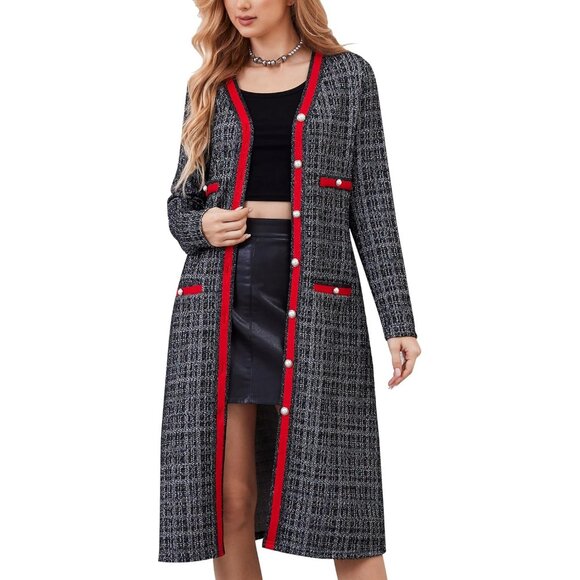 Women’s Long Cardigans Tweed Lightweight Midi Sweater Coat Black White Plaid - Picture 1 of 6